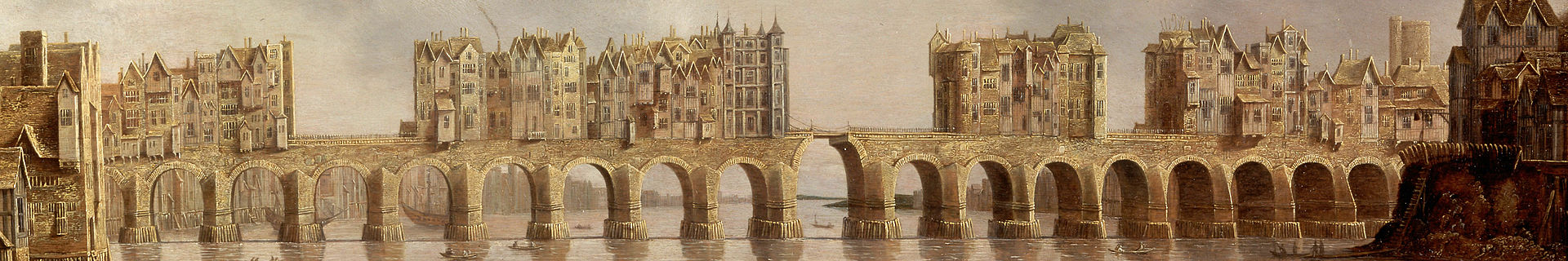 Detail of Old London Bridge on 1632 oil painting "View of London Bridge" by Claude de Jongh. Image from Wikimedia