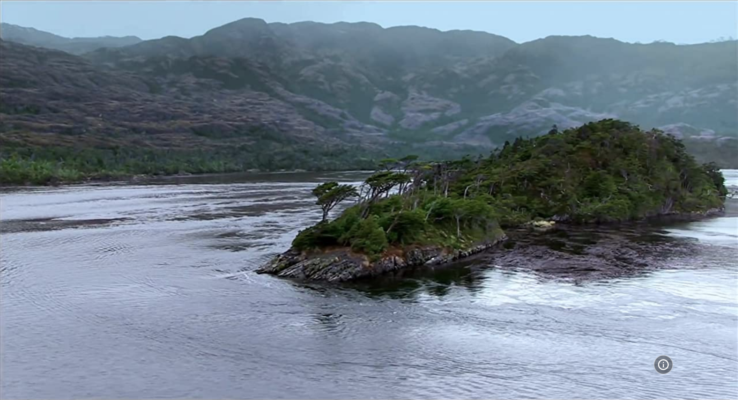 Aerial view of a small, misty, vegetated Island in Patagonia
